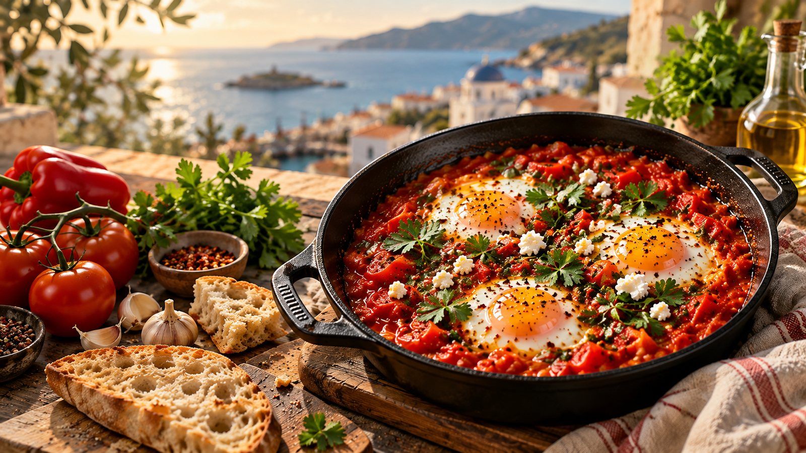 Eggs in tomato-pepper sauce with herbs and optional feta